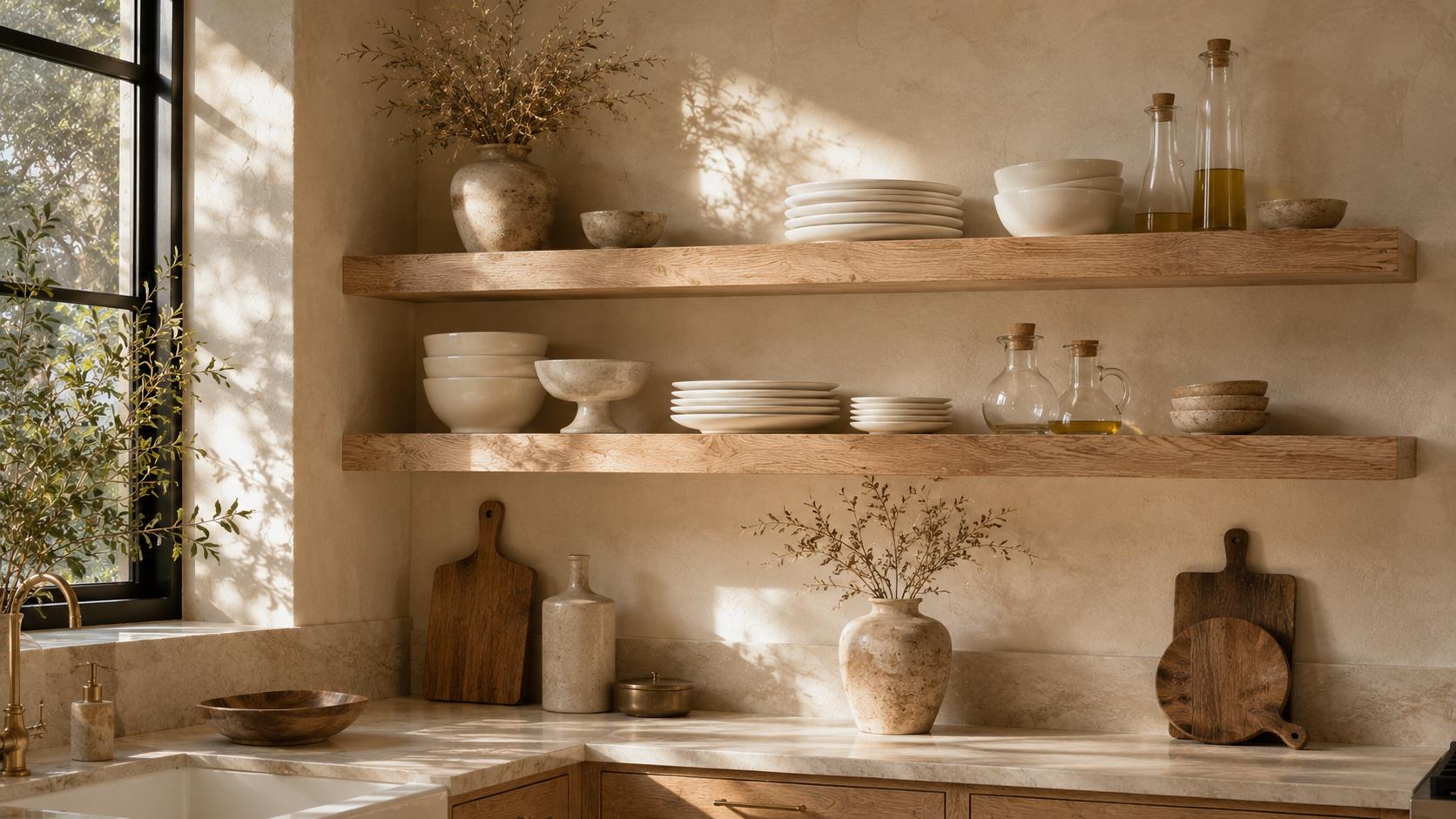 Open Floating Raw Wood Corner Shelving